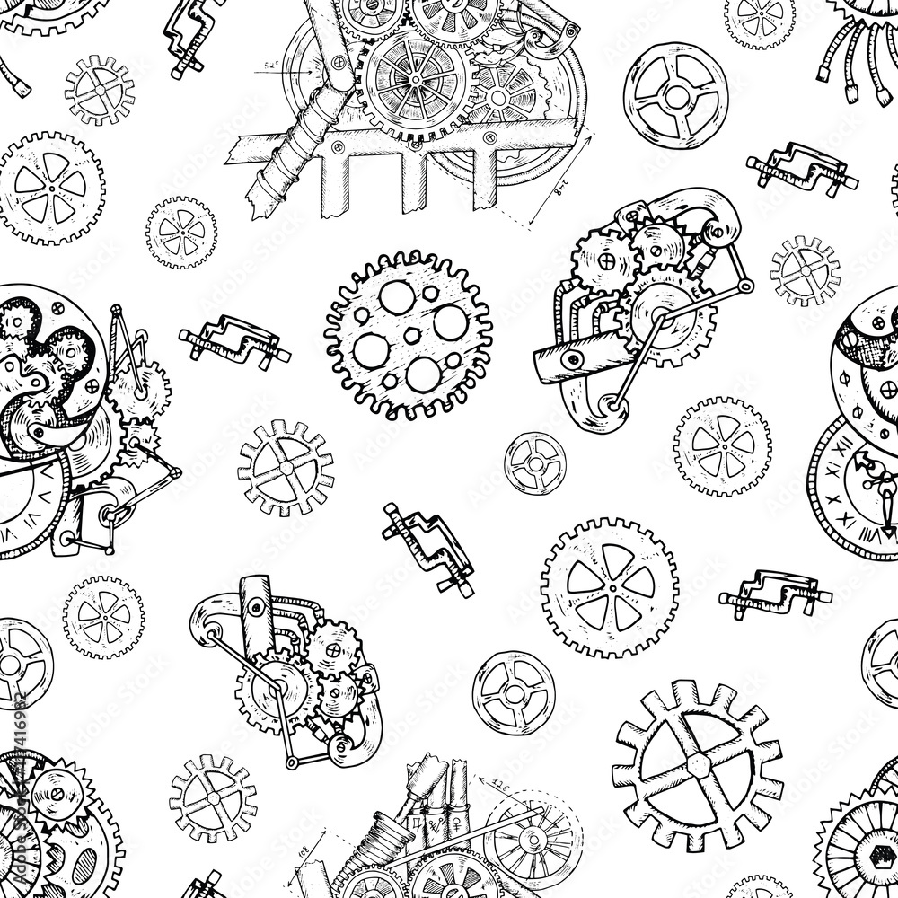 Seamless background with mechanical parts, cogs and gears