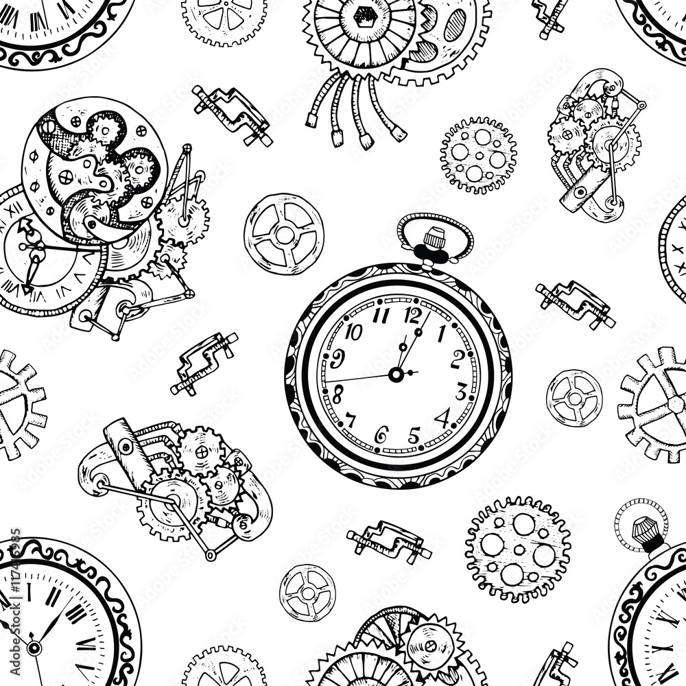 Seamless background with clock and mechanical parts