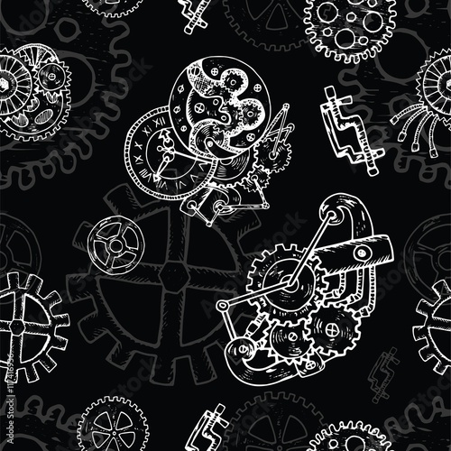 Steampunk seamless background with old mechanism and cogs on black