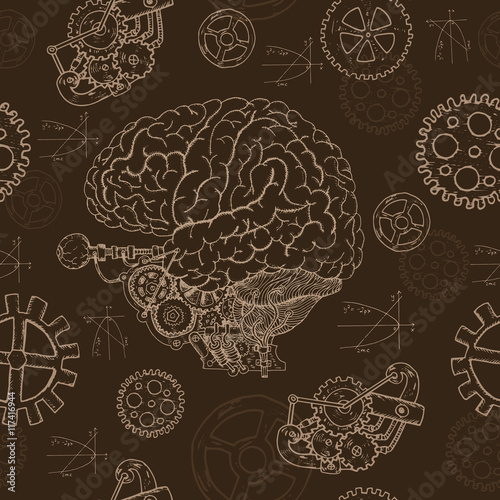 Seamless background with human brain and mechanical parts