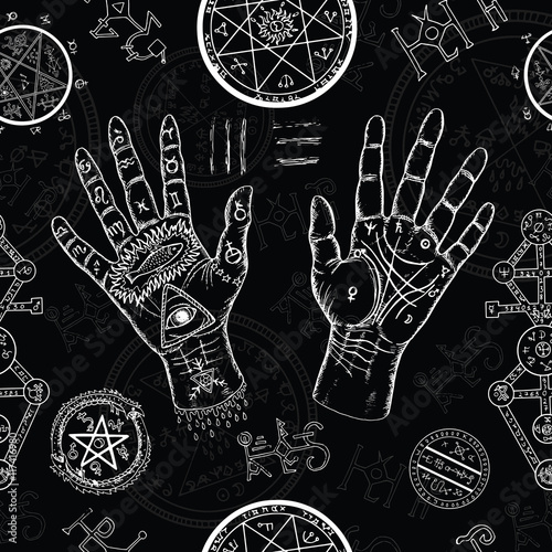 Chiromancy seamless background with human hands and mystic symbols