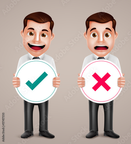 Professional business man vector character set holding right and wrong sign with happy and sad facial expressions. Vector illustration.
