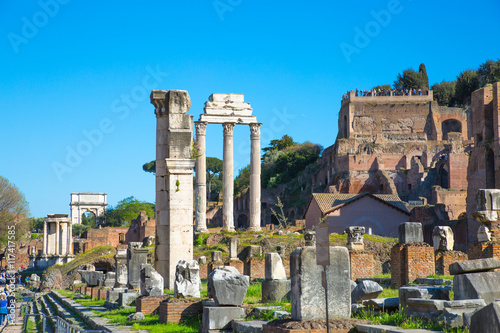 ROME, ITALY - APRIL 8, 2016: Ruins and Columns the Temple of Castor and Pollux Roman's forum with ruins of important ancient government buildings started 7th century BC