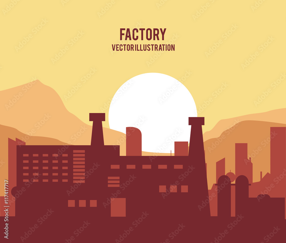 Plant sun landscape building chimney factory industry icon. Silhouette illustration. Vector graphic
