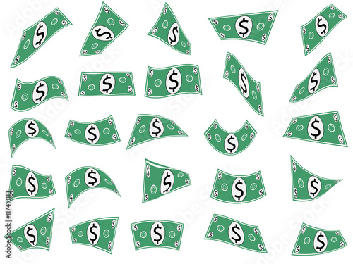 Falling paper money, dollars, bills or currency set shapes