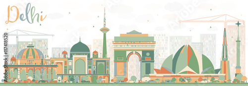Abstract Delhi Skyline with Color Buildings.