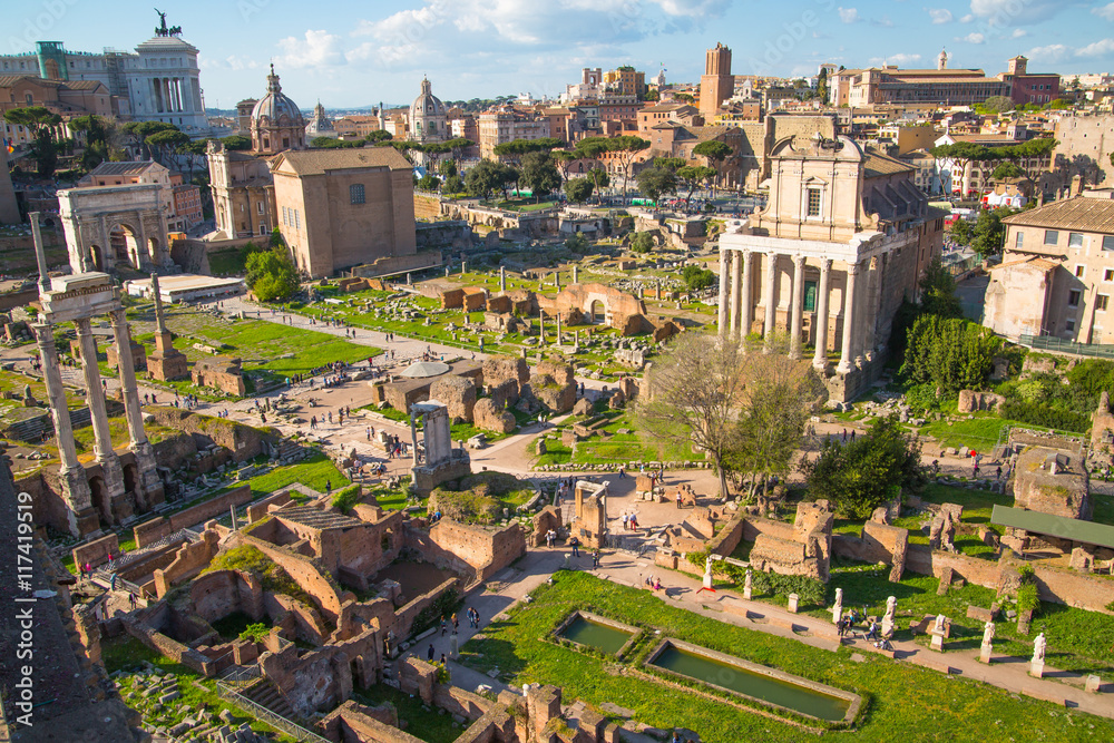 ROME, ITALY - APRIL 8, 2016: Roman's forum with ruins of important ancient government buildings started 7th century BC