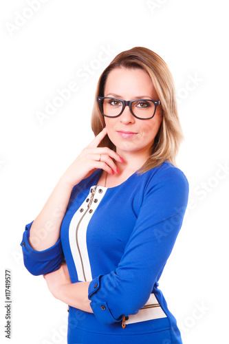 Portrait of a woman in glasses and blue dress