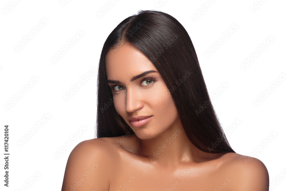 Pretty woman with long straight brown hair looking at camera, isolated on white background Pretty woman with long straight brown hair looking at camera, isolated on white background