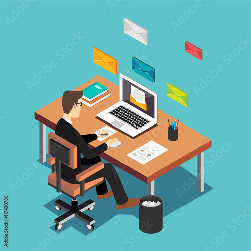 An office worker sending emails and communication with clients. Email marketing concept. Flat 3d isometric technology concept.