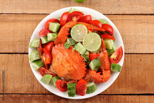 Seafood salad with crab and vegetables.
