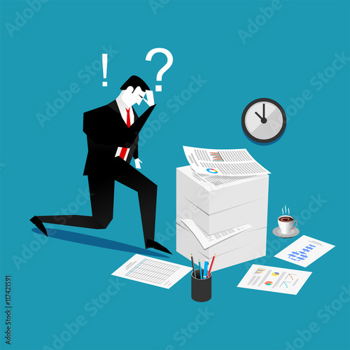 Confuse and busy businessman with a lot of work to do. Stress situation concept.