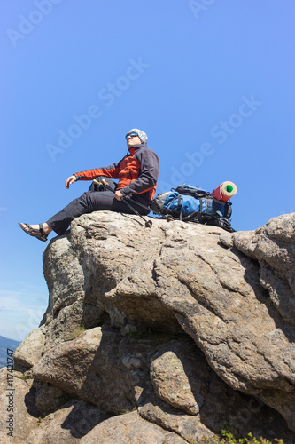 Hiking in the mountains in the summer on a sunny day.