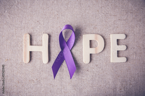 Purple ribbon with HOPE wooden letter, toning, Alzheimer's disease, Pancreatic cancer, Epilepsy awareness, Hodgkin's Lymphoma, domestic violence awareness