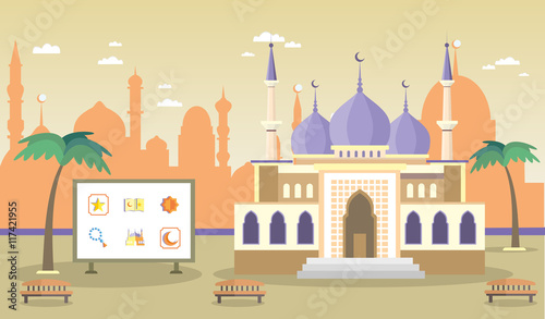 Mosque on the background of the city. Icons with Islamic symbols. Vector illustration.