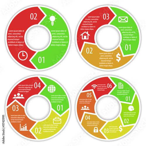 Set of round infographic diagram with arrows. Circles of 2, 3, 4, 6 elements. Vector EPS10