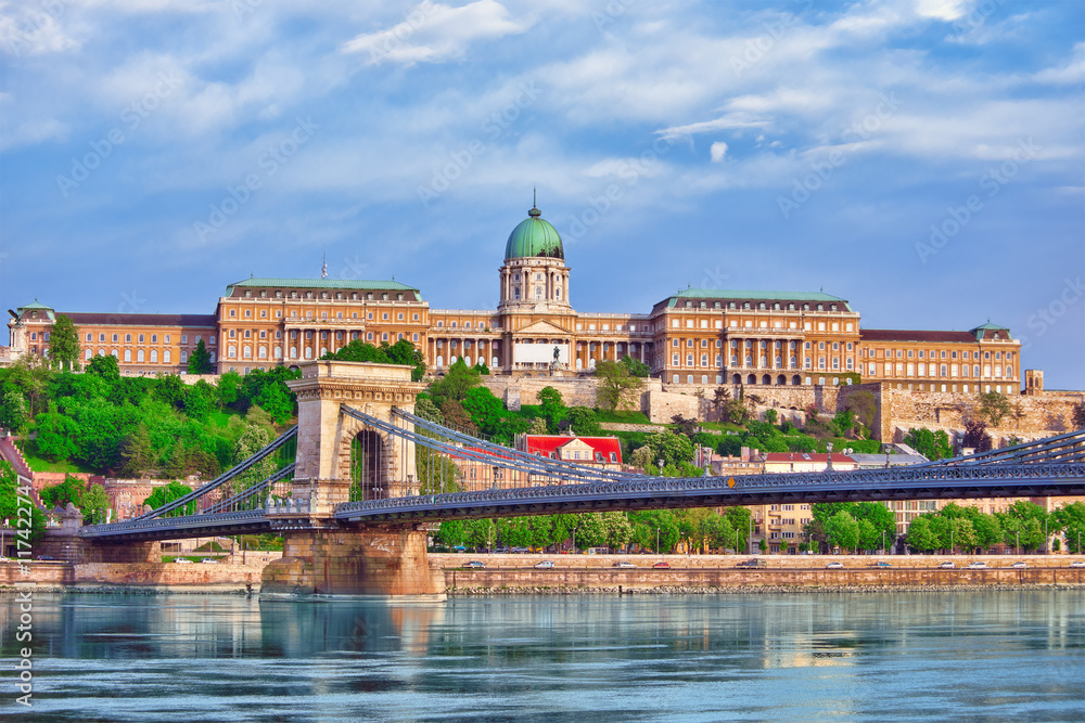 Budapest Royal Castle and Szechenyi Chain Bridge at day time fro