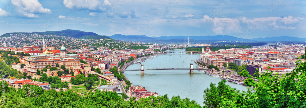 Naklejka premium Panorama Widok na Most Elżbiety i Budapeszt, łączący most