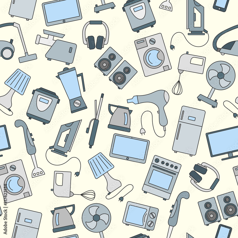 Seamless background with a simple icons on the topic of household appliances, a colored icons on a light background Seamless background with a simple icons on the topic of household appliances, a colored icons on a light background