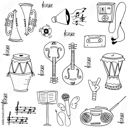 Music tool doodles on white backgrounds