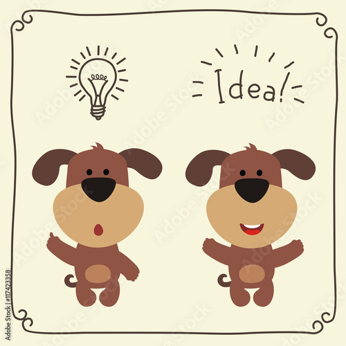 Icon bulb of idea. Two funny puppy with lamp of idea and text. Set for child education.
