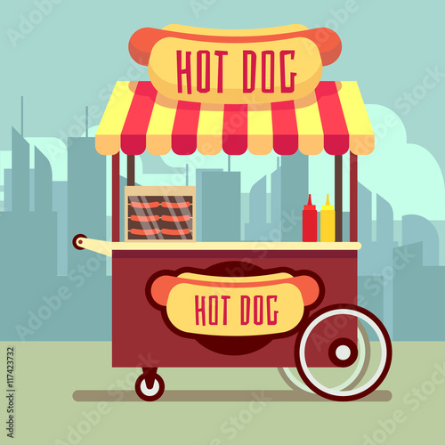 Street food vending cart with hot dogs vector illustration