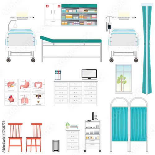 Medical equipment and furniture in hospital.