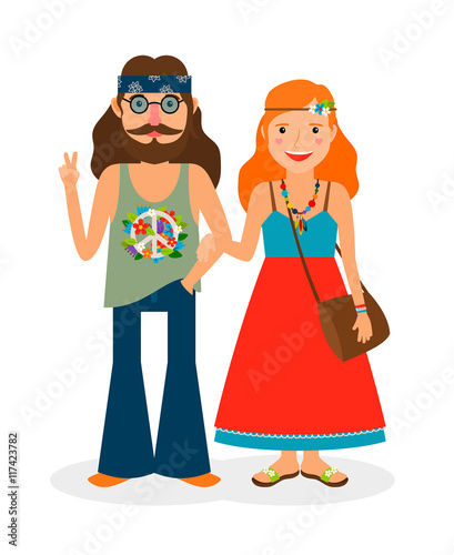 Hippie sixties girl and man of flower power. Vector illustration