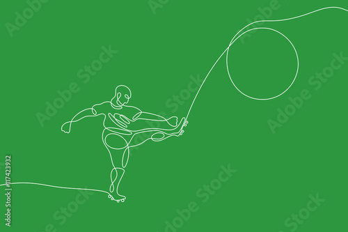 Soccer graphic using single line to design and form the shape of player kicking the ball.