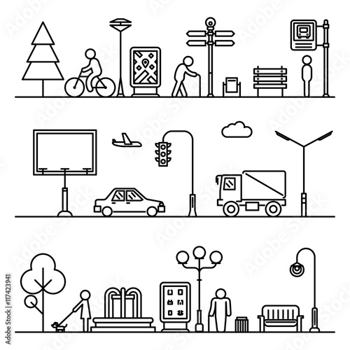 Line urban landscape illustration. Vector cityscape or street thin patterns
