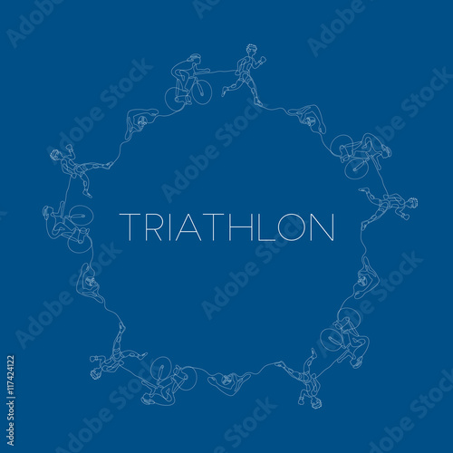 Triathlon graphic using single line to design and form the shape of triathletes are swimming running and cycling.