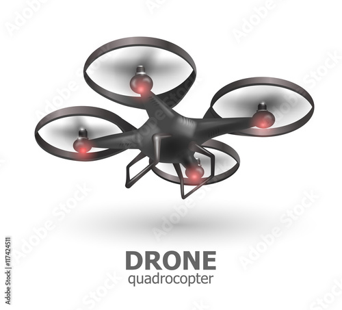 Realistic remote air drone quadrocopter flying on white background. Isomertic view. Vector illustration 