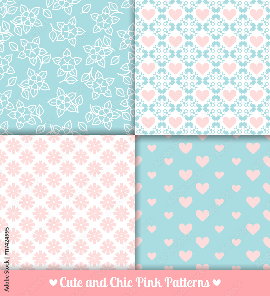 Pink and blue seamless patterns collection for wedding design. Vector illustration