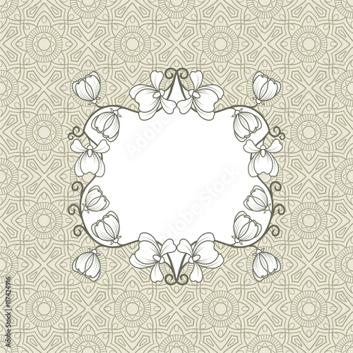 Greeting card with floral frame and ornamental background. Vector illustration