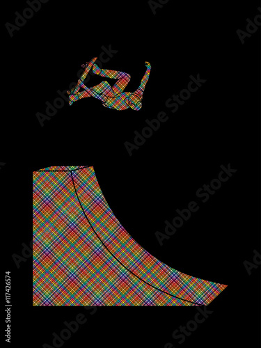 Skateboarder high jumping designed using colorful pixels graphic vector.