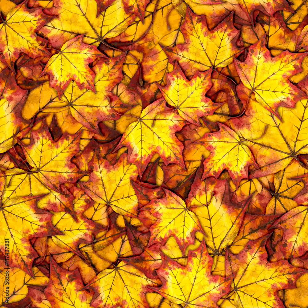 Seamless pattern with autumn yellow and red maple leaves, hand painted watercolor illustration for fabric, textile, wrapping paper, card, invitation, wallpaper, web design. Seamless pattern with autumn yellow and red maple leaves, hand painted watercolor illustration for fabric, textile, wrapping paper, card, invitation, wallpaper, web design.