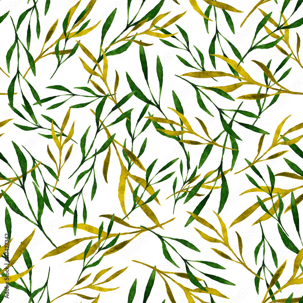 Watercolor seamless pattern with green leaves and branches on a white background, hand drawn watercolor illustration for fabric, textile, wrapping paper, card, invitation, wallpaper, web design.