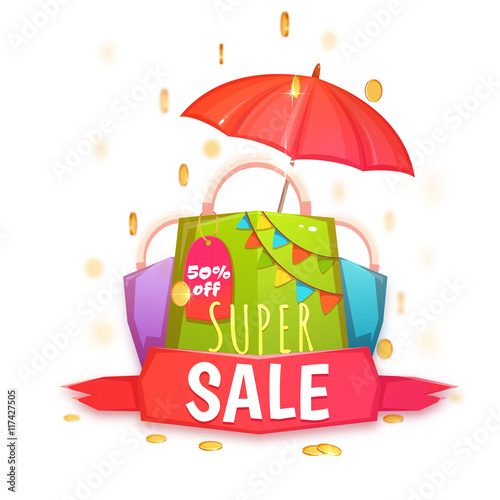 Super sale banner with color packet and coins. Vector illustration.