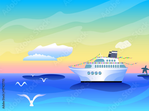 Vibrant banner template with cruise liner ship, white clouds and seagull over sea