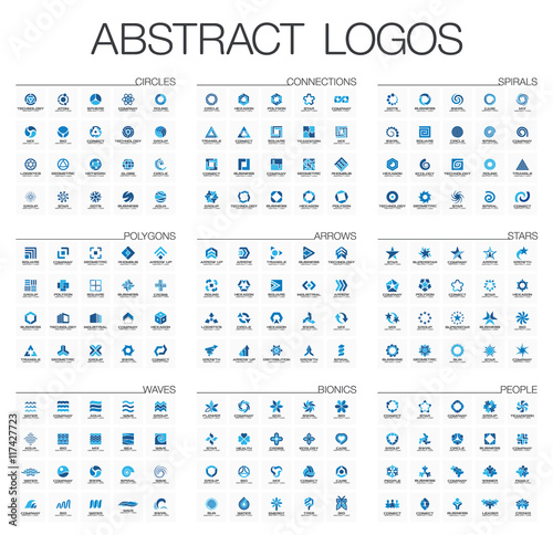 Abstract logo set for business company. Corporate identity design elements. Star, arrow, water wave, people connect concept. Circle, polygon, square, spiral logotype collection. Colorful Vector icons