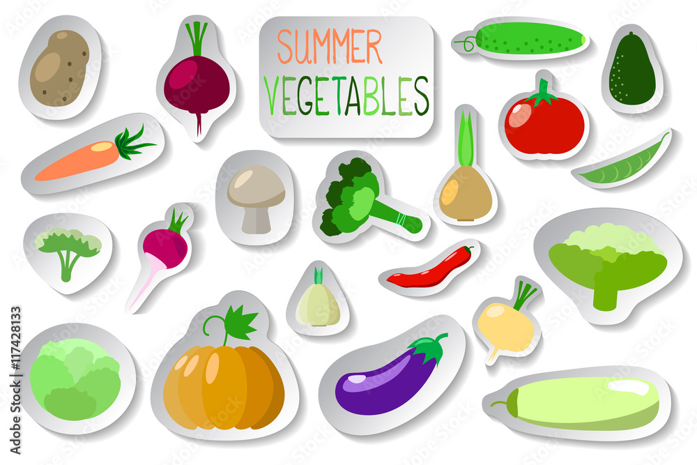 Vegetables clip art or sticker icons in flat style on white background Vegetables clip art or sticker icons in flat style on white background