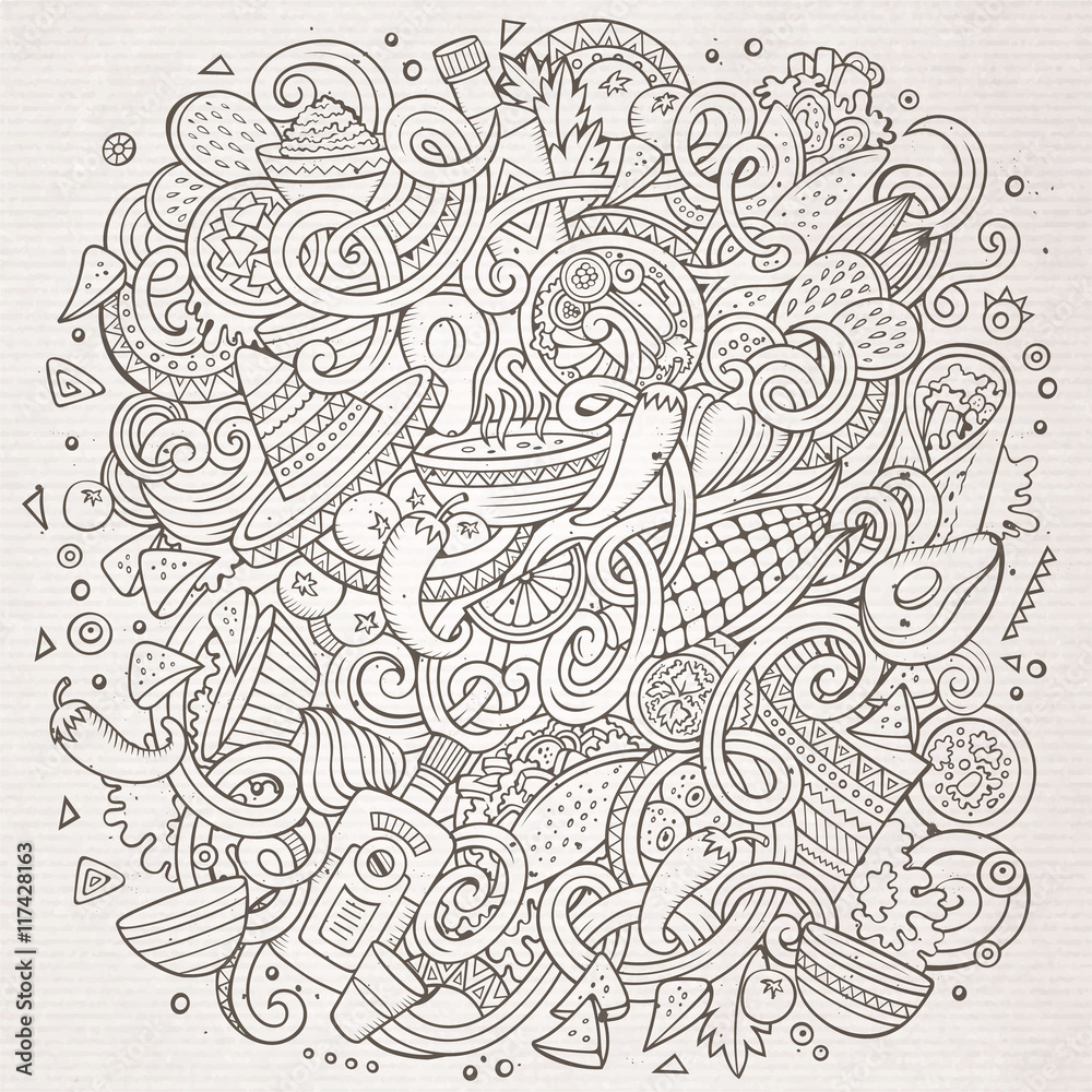 Fototapeta premium Cartoon cute doodles Mexican food illustration