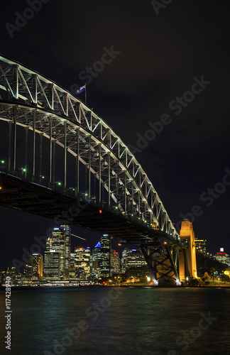 sydney harbour bridge and skyline landmarks in australia at nigh