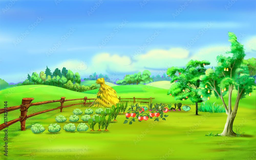 Fototapeta premium Haystack in a Garden Under Blue Sky in a Summer Day