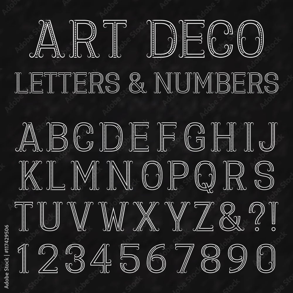 Vecteur Stock Font in art deco style. Vintage alphabet. White capital  letters and numbers of dots and lines with flourishes on a black textured  background. | Adobe Stock