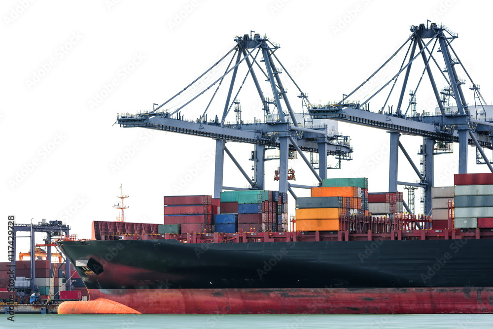 Logistics and transportation of International Container Cargo ship isolated on white background, logistic import export background and transport industry.