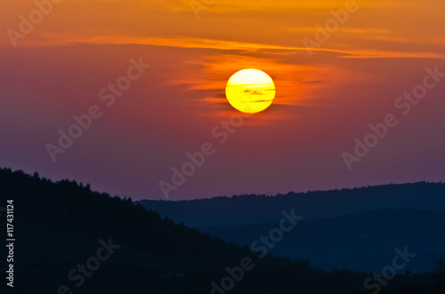 Sunset at greek coast in Sithonia, aerial photo from the top of a hill, Greece