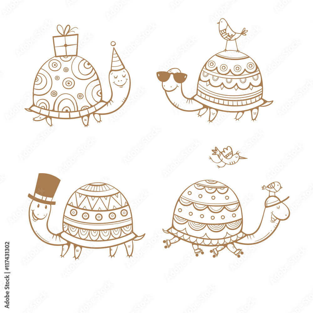 Obraz premium Cartoon turtles set. Four cute tortoises. Funny animals. Party hat, roller skates and sunglasses. Little birds. Vector contour image no fill.