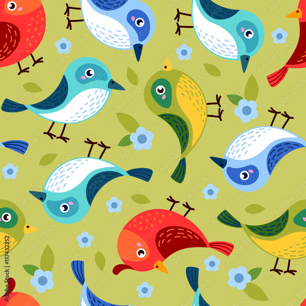Hand drawn seamless pattern with cute birds. Fun birds for kids design on green background. Vector illustration