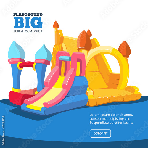 Vector illustration of inflatable castles and children hills on playground